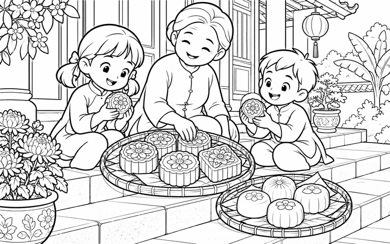 Tranh tô màu bánh trung thu bên bậc thềm ngôi nhà