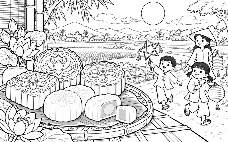 Tranh tô màu bánh trung thu cạnh cánh đồng quê