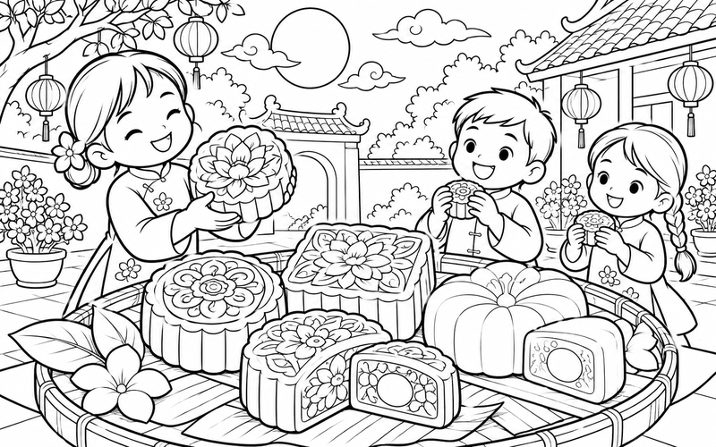Tranh tô màu bánh trung thu trong sân sinh hoạt chung