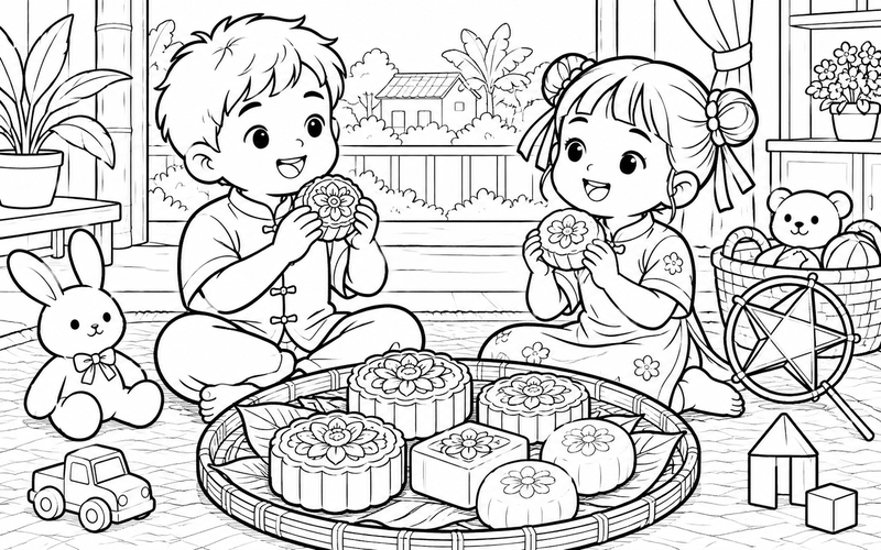Tranh tô màu bánh trung thu bên giỏ đồ chơi