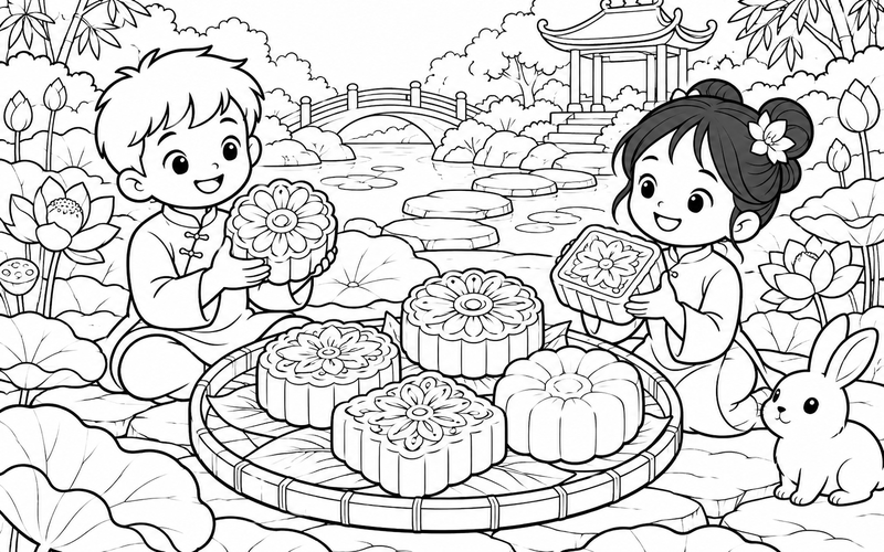 Tranh tô màu bánh trung thu trong khu vườn có hoa sen