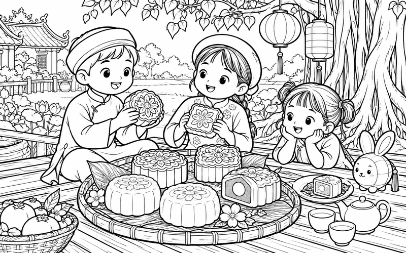 Tranh tô màu bánh trung thu bên gốc đa và sàn gỗ