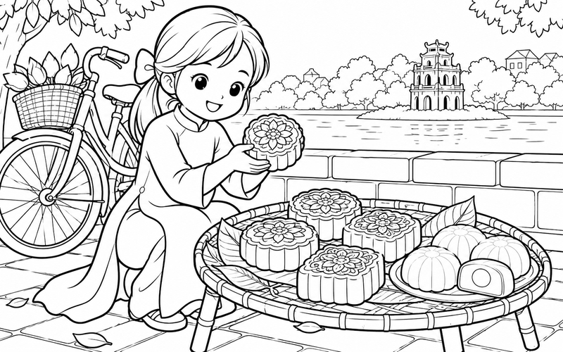 Tranh tô màu bánh trung thu bên chiếc xe đạp