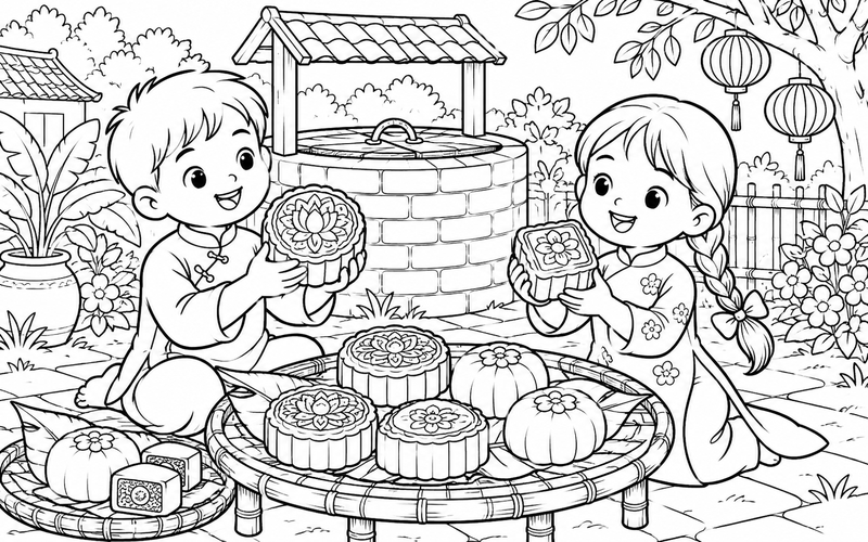 Tranh tô màu bánh trung thu cạnh giếng gạch có nắp