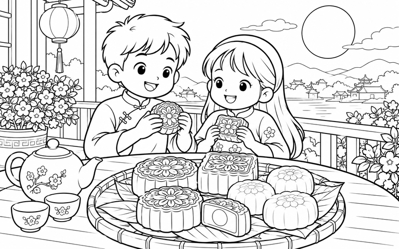 Tranh tô màu bánh trung thu trên sân hiên có hoa