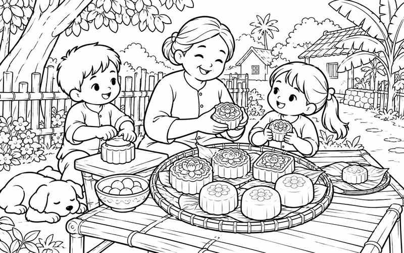 Tranh tô màu bánh trung thu ở lối làng có hàng rào tre