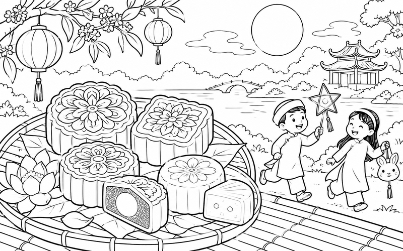 Tranh tô màu bánh trung thu với đình nhỏ ở phía xa