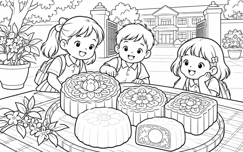 Tranh tô màu bánh trung thu trước cổng trường
