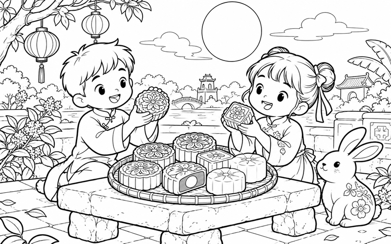 Tranh tô màu bánh trung thu bên ghế đá và hình thỏ