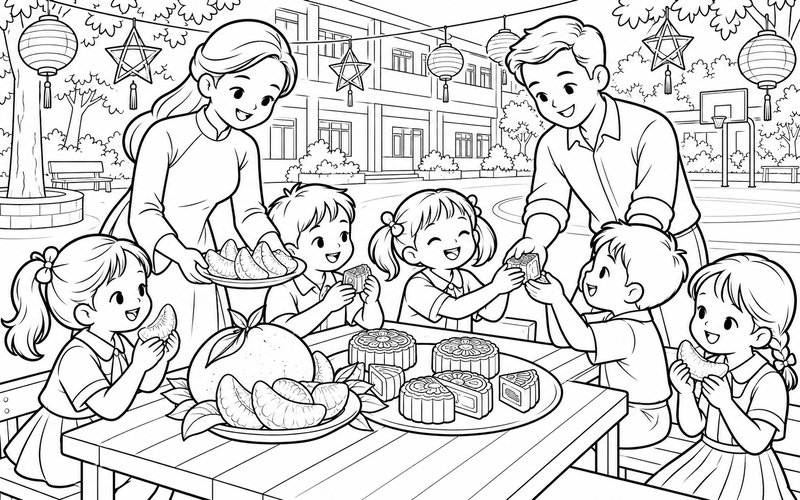 Tranh tô màu bé phá cỗ trung thu cùng gia đình ở sân trường rực rỡ đèn treo