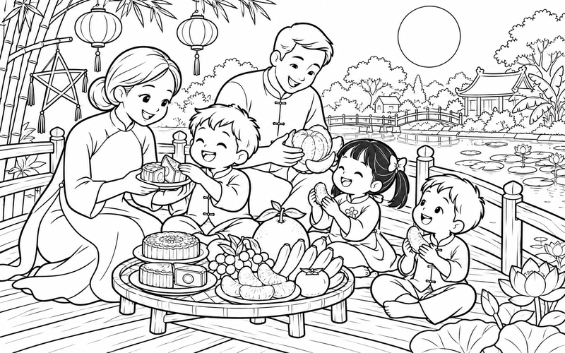 Tranh tô màu bé phá cỗ trung thu cùng gia đình bên cầu gỗ và hồ nước