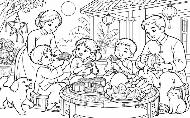 Tranh tô màu bé phá cỗ trung thu cùng gia đình trước mái hiên nhà