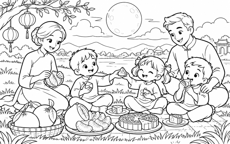Tranh tô màu bé phá cỗ trung thu cùng gia đình trên đồi dưới vầng trăng