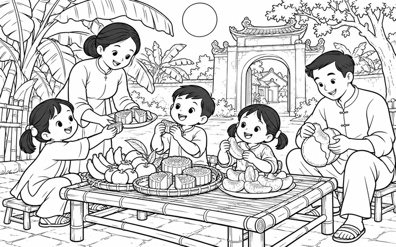 Tranh tô màu bé phá cỗ trung thu cùng gia đình trước cổng làng và hàng chuối