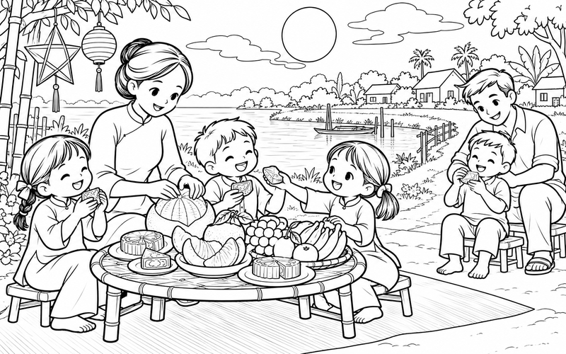 Tranh tô màu bé phá cỗ trung thu cùng gia đình bên đường ven sông