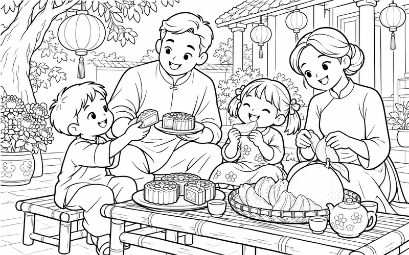 Tranh tô màu bé phá cỗ trung thu cùng gia đình cùng gia đình trong sân nhỏ