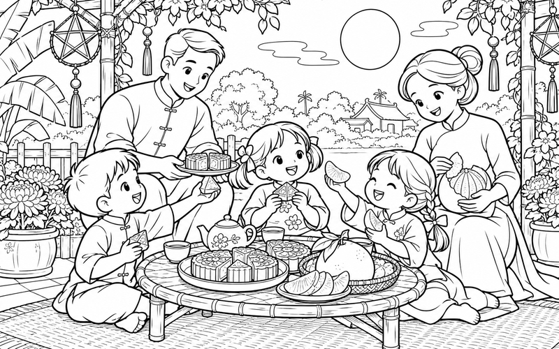 Tranh tô màu bé phá cỗ trung thu cùng gia đình dưới cổng vòm vườn