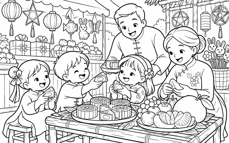 Tranh tô màu bé phá cỗ trung thu cùng gia đình ở quầy quà đêm hội