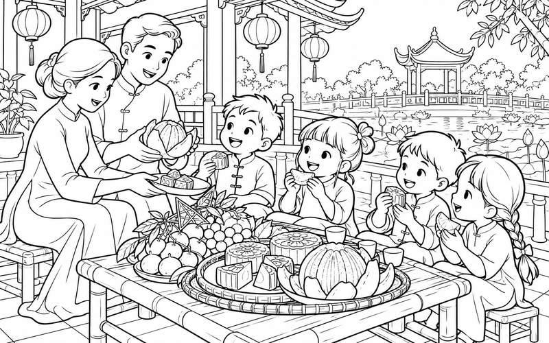 Tranh tô màu bé phá cỗ trung thu cùng gia đình bên đình nghỉ và hồ sen