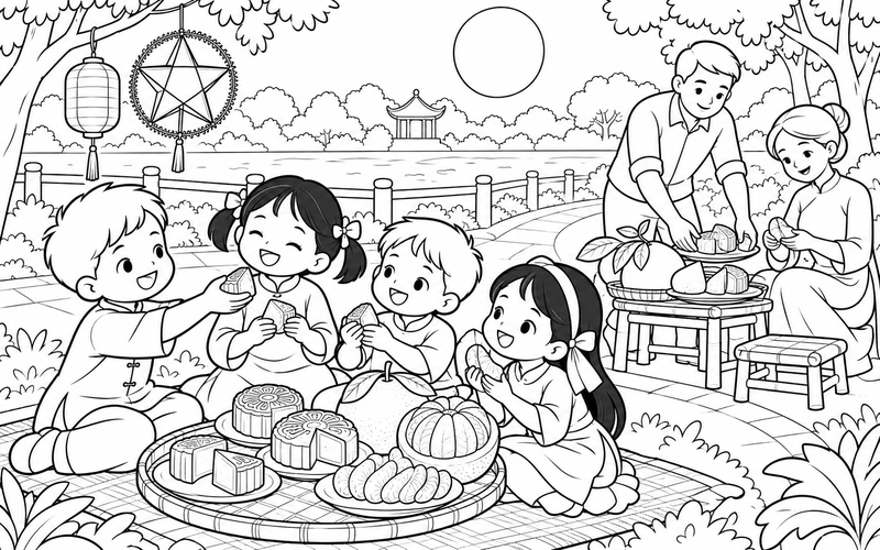 Tranh tô màu bé phá cỗ trung thu cùng gia đình trên lối đi công viên