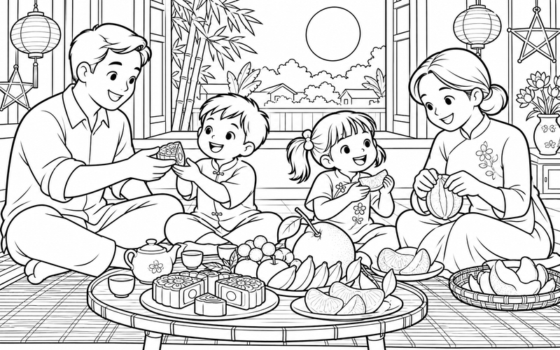 Tranh tô màu bé phá cỗ trung thu cùng gia đình bên cửa sổ và chiếu nhỏ
