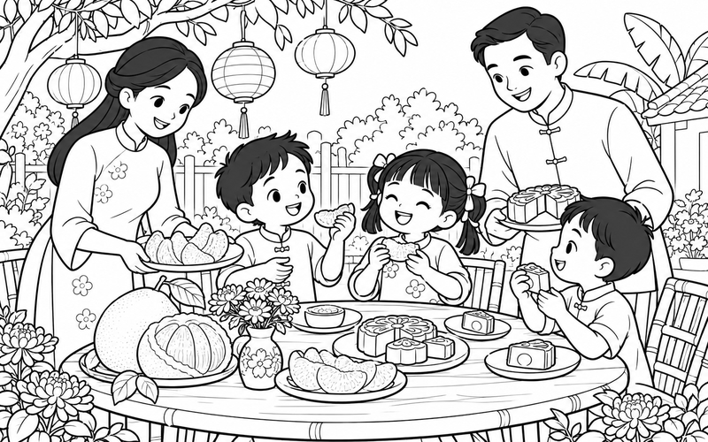 Tranh tô màu bé phá cỗ trung thu cùng gia đình trên bàn tròn ngoài vườn