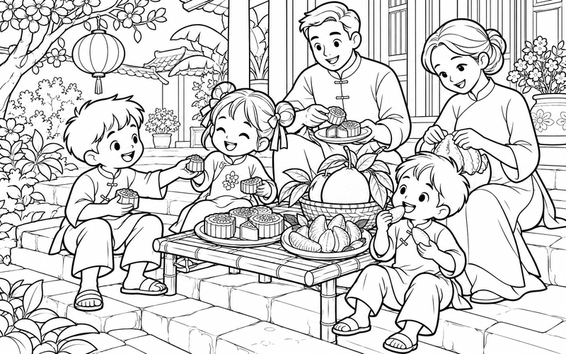 Tranh tô màu bé phá cỗ trung thu cùng gia đình bên bậc thềm ngôi nhà