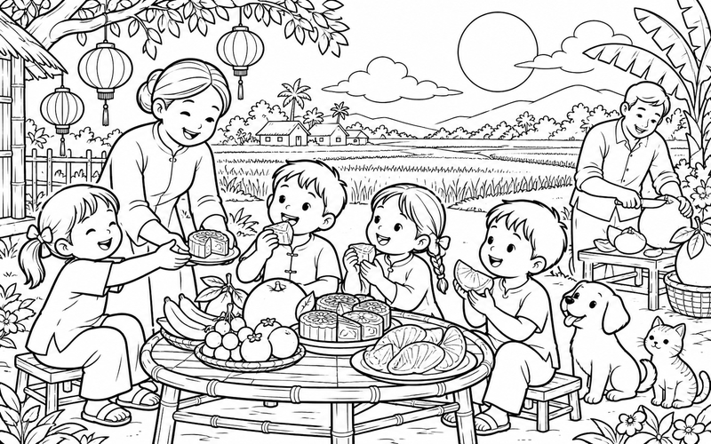 Tranh tô màu bé phá cỗ trung thu cùng gia đình giữa khung cảnh đồng quê