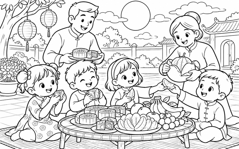 Tranh tô màu bé phá cỗ trung thu cùng gia đình trong sân sinh hoạt chung
