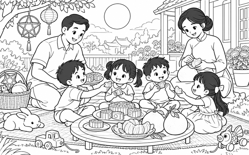 Tranh tô màu bé phá cỗ trung thu cùng gia đình bên giỏ đồ chơi