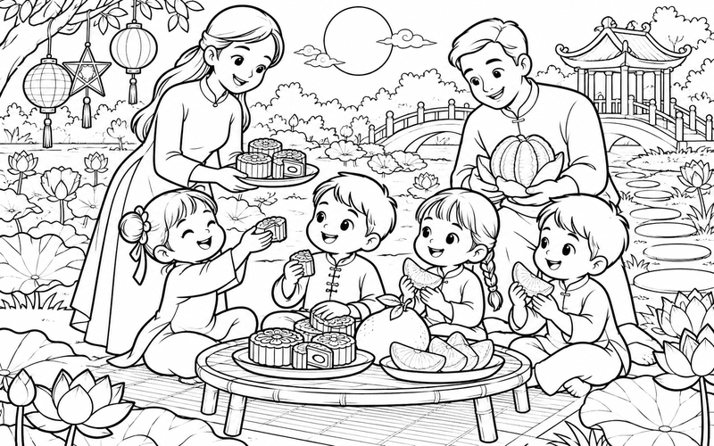 Tranh tô màu bé phá cỗ trung thu cùng gia đình trong khu vườn có hoa sen