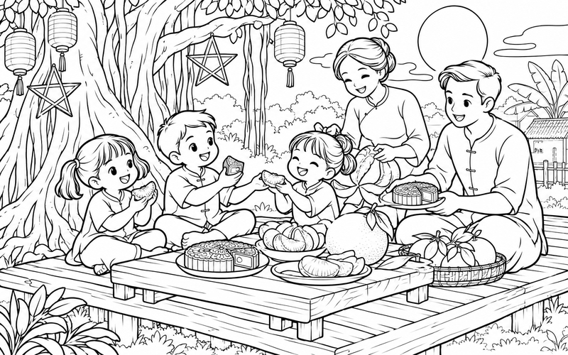 Tranh tô màu bé phá cỗ trung thu cùng gia đình bên gốc đa và sàn gỗ