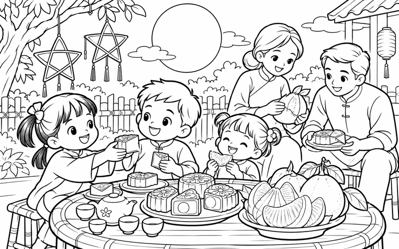 Tranh tô màu bé phá cỗ trung thu cùng gia đình cạnh hàng rào dưới trăng