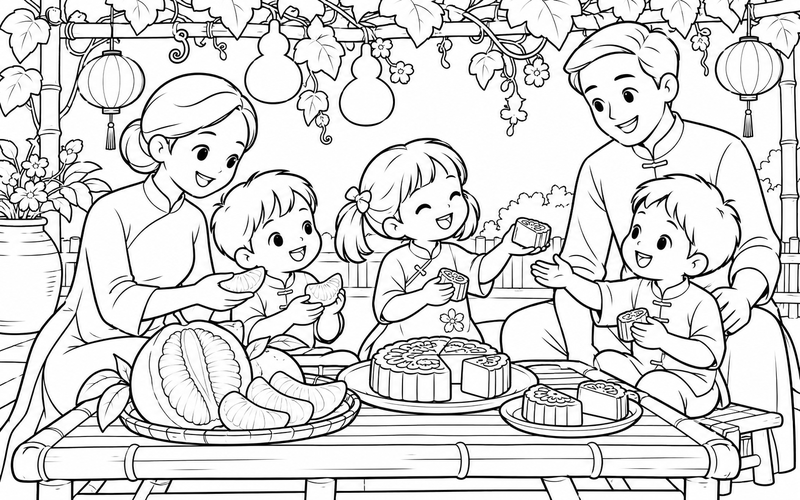 Tranh tô màu bé phá cỗ trung thu cùng gia đình dưới giàn dây leo