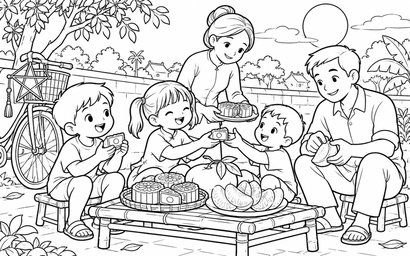 Tranh tô màu bé phá cỗ trung thu cùng gia đình bên chiếc xe đạp