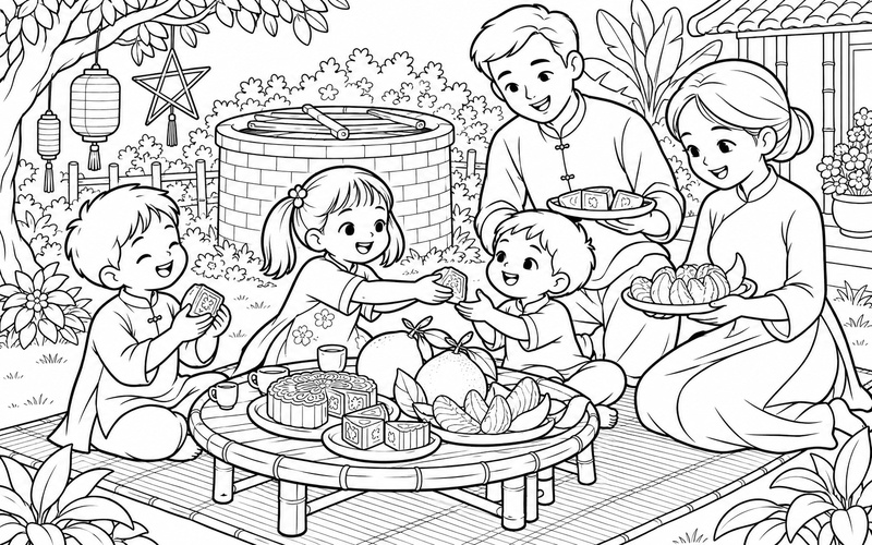 Tranh tô màu bé phá cỗ trung thu cùng gia đình cạnh giếng gạch có nắp