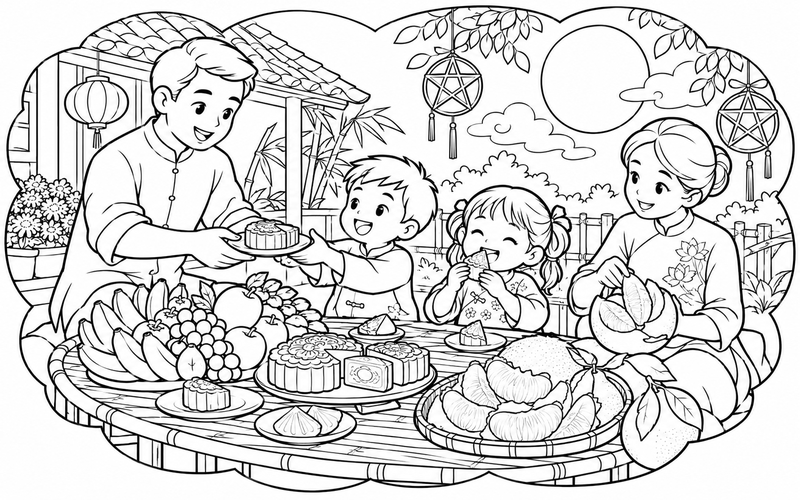 Tranh tô màu bé phá cỗ trung thu cùng gia đình giữa khung mây tròn