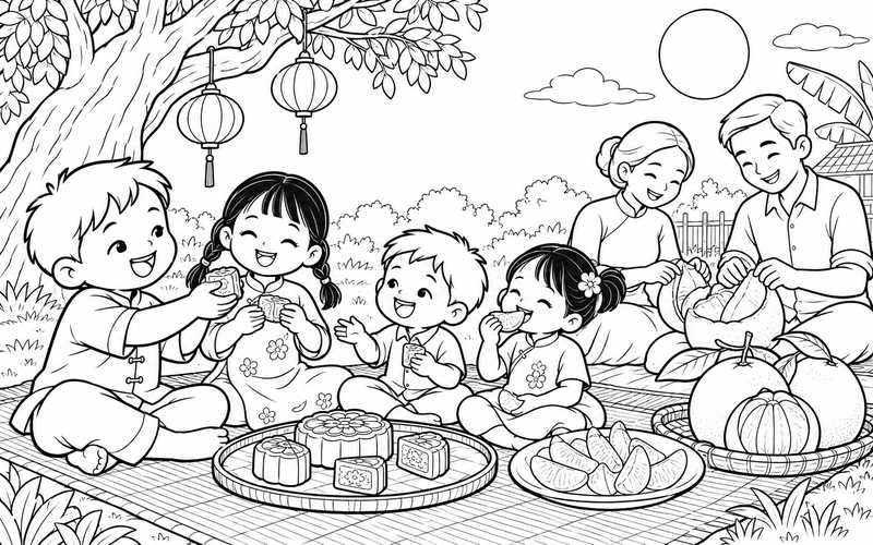 Tranh tô màu bé phá cỗ trung thu cùng gia đình trên tấm chiếu dã ngoại