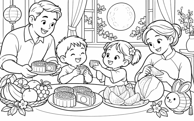 Tranh tô màu bé phá cỗ trung thu cùng gia đình bên cửa sổ ngắm trăng