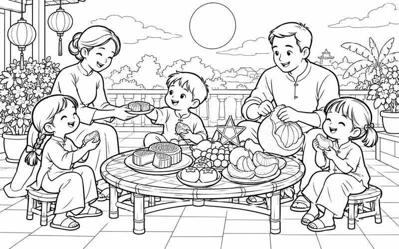 Tranh tô màu bé phá cỗ trung thu cùng gia đình trên sân hiên có hoa