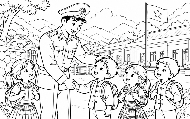 Tranh tô màu chú bộ đội biên phòng chào các bé ở trường vùng cao