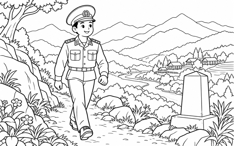 Tranh tô màu chú bộ đội biên phòng đi trên đường núi yên bình