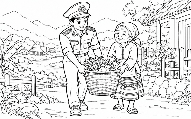 Tranh tô màu chú bộ đội biên phòng giúp bác mang giỏ
