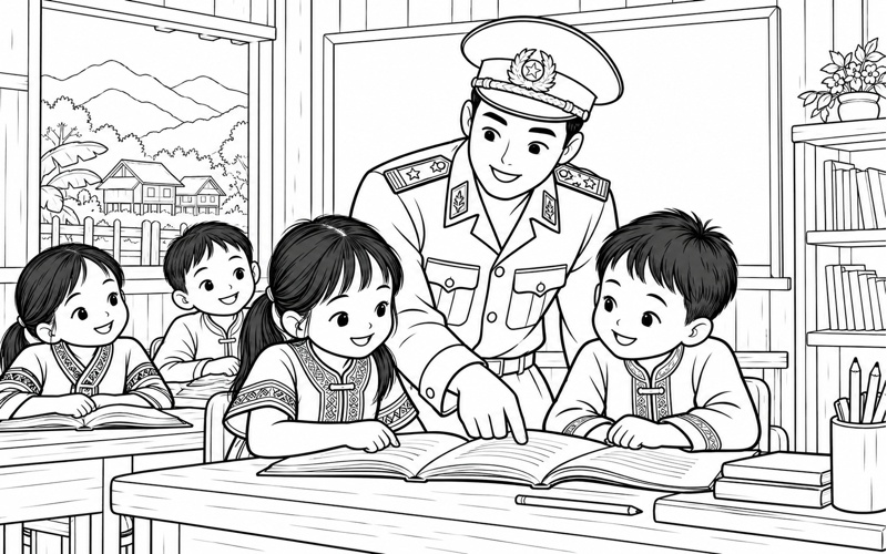 Tranh tô màu chú bộ đội biên phòng dạy bé đọc trong lớp