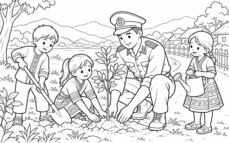 Tranh tô màu chú bộ đội biên phòng trồng cây bên lối bản