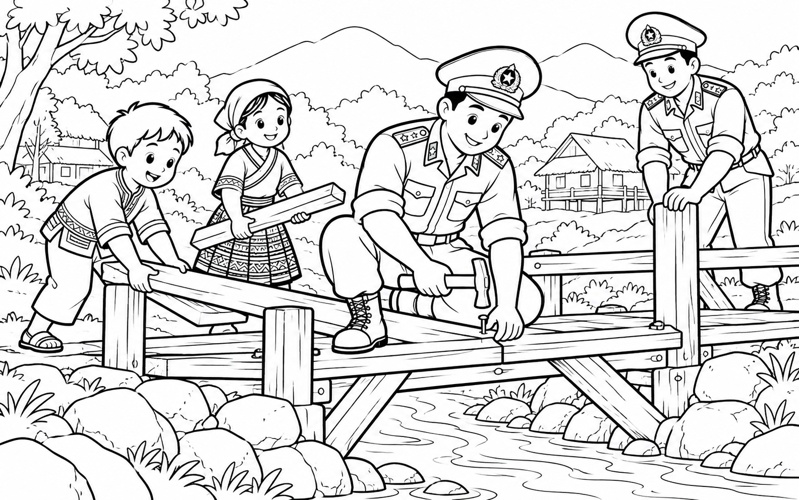 Tranh tô màu chú bộ đội biên phòng giúp sửa cầu qua suối