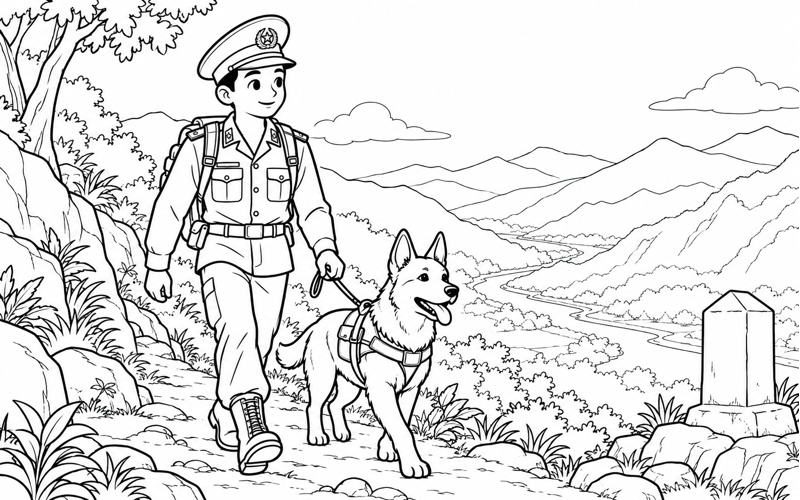 Tranh tô màu chú bộ đội biên phòng đi cùng chó nghiệp vụ