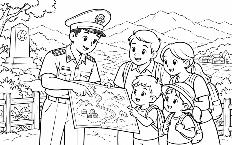 Tranh tô màu chú bộ đội biên phòng chỉ đường trên bản đồ