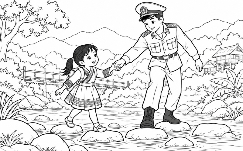 Tranh tô màu chú bộ đội biên phòng giúp bé qua suối nông