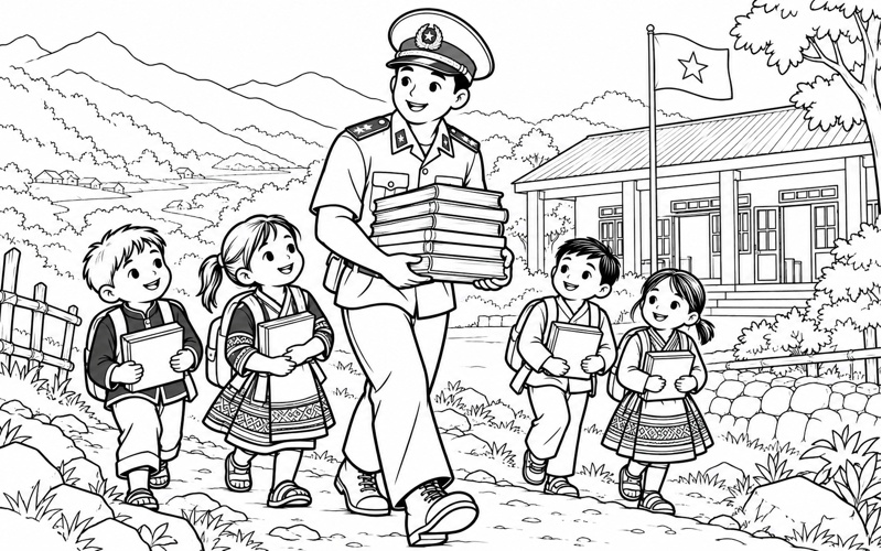 Tranh tô màu chú bộ đội biên phòng mang sách tới trường